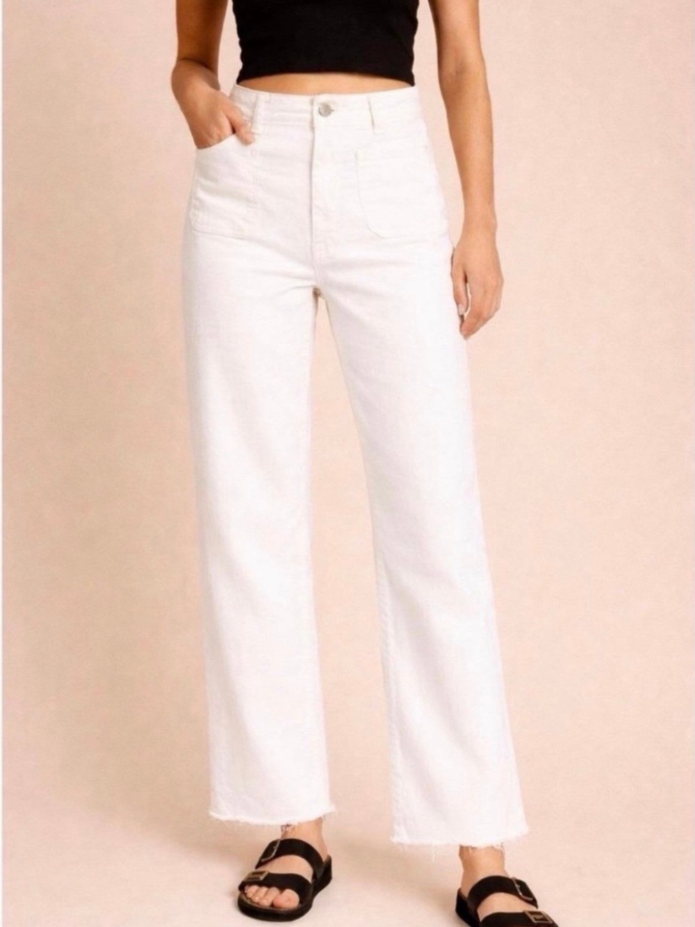 OAT New York High Rise Wide Leg Ankle Jeans White Waist 12